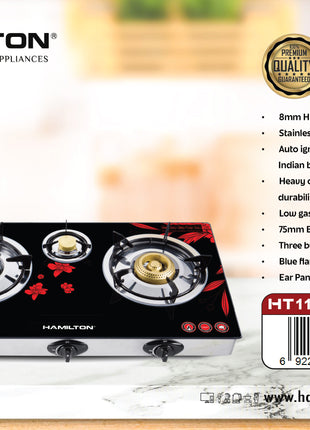 Hamilton Gas Stove 3 Burner 8mm Glass Cast Iron Japan Piezo HT1105GC | Al Shabib Qatar