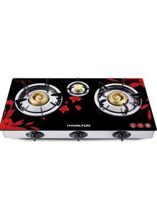 Hamilton Gas Stove 3 Burner 8mm Glass Cast Iron Japan Piezo HT1105GC | Al Shabib Qatar