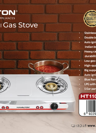 Hamilton Gas Stove 2 Burner SS Cast Iron 3.2kW Japan Piezo Auto-Ignition HT1106GC | Al Shabib Qatar