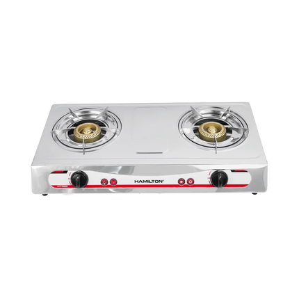 Stainless steel double burner gas stove with control knobs, isolated on white background