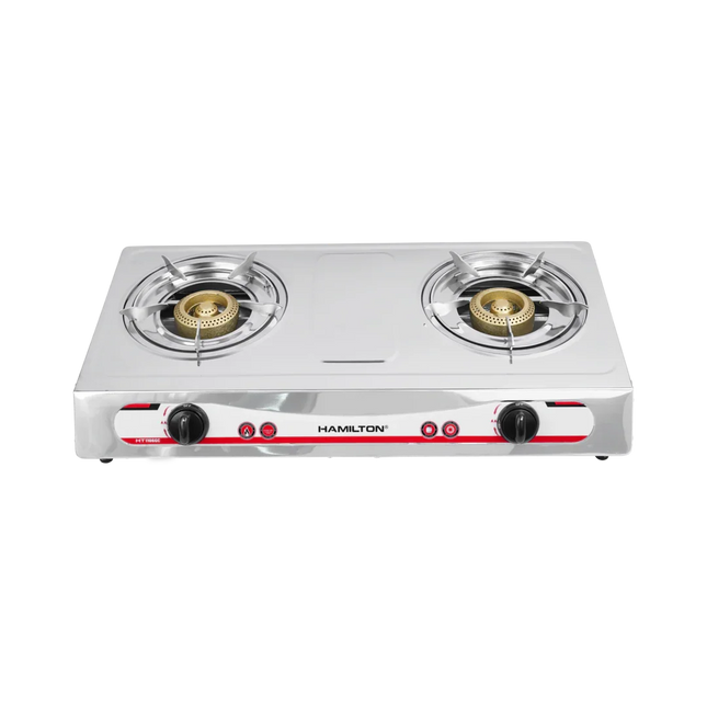 Stainless steel double burner gas stove with control knobs, isolated on white background