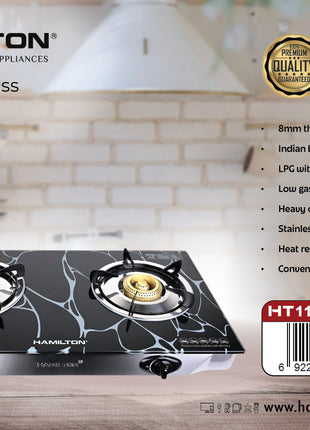 Hamilton 2-Burner Glass Gas Stove with Cast Iron & Auto-Ignition HT1107GC