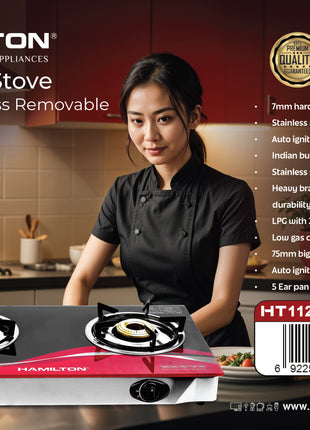 Hamilton Gas Stove 2 Burner 7mm Glass Brass Burner Japan Piezo HT1126GC | Al Shabib Qatar