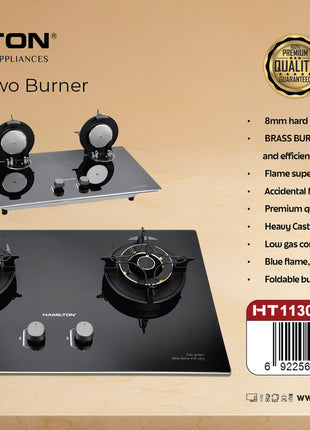 Hamilton Gas Hob 2 Burner 8mm Glass FSD Brass Burner Japan Pulse Built-In HT1130GC | Al Shabib Qatar