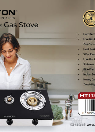 Hamilton Gas Stove 3 Burner Tempered Glass Cast Iron Auto-Ignition 3.6kW HT1131GC | Al Shabib Qatar