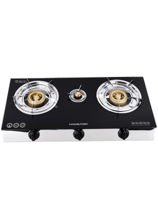 Hamilton Gas Stove 3 Burner Tempered Glass Cast Iron Auto-Ignition 3.6kW HT1131GC | Al Shabib Qatar