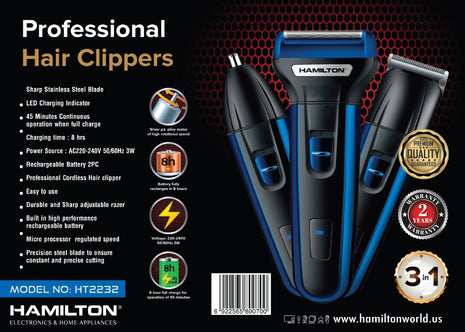 Hamilton Hair Clipper 3-in-1 with LED Indicator – 45 Min Runtime HT2232