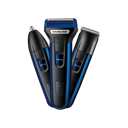 Electric grooming kit with three interchangeable heads for shaving, trimming, and detailing