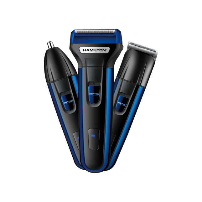 Electric grooming kit with three interchangeable heads for shaving, trimming, and detailing