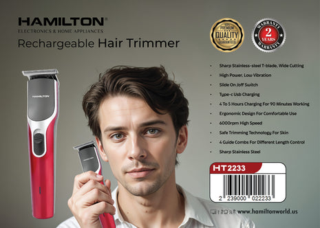 Hamilton Rechargeable Hair Trimmer T-Blade 6000RPM 90Min HT2233