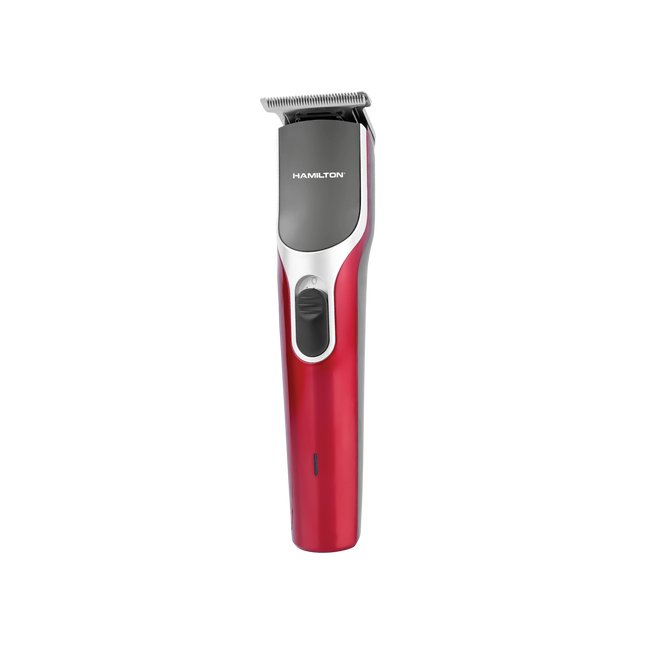 Red and silver electric hair trimmer with adjustable blade and ergonomic handle