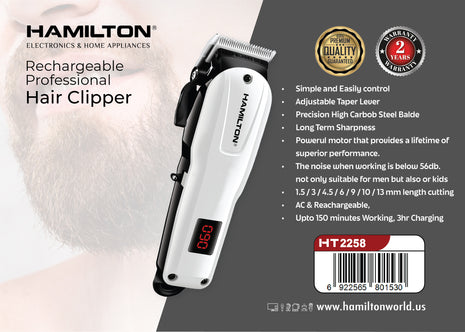 Hamilton Professional Hair Clipper Quiet Cord & Cordless – 150 Min Runtime HT2258