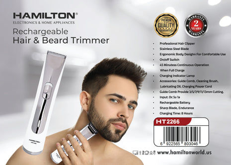 Hamilton Rechargeable Hair & Beard Trimmer with 6 Guide Combs HT2266