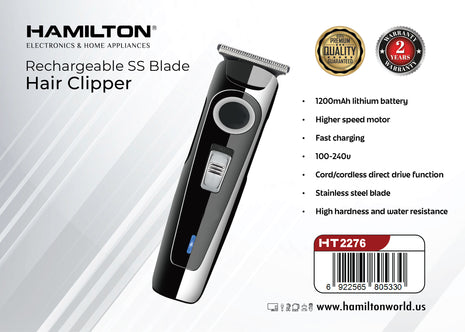 Hamilton Rechargeable Hair Clipper Cord & Cordless Water Resistant HT2276