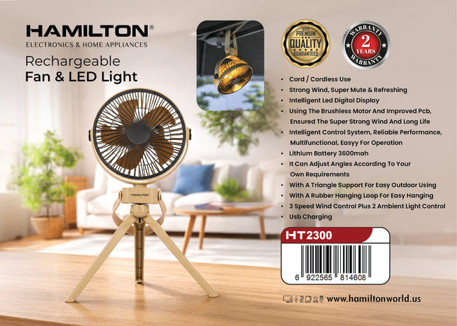 Hamilton Rechargeable Fan with LED Light HT2300 | Al Shabib Qatar