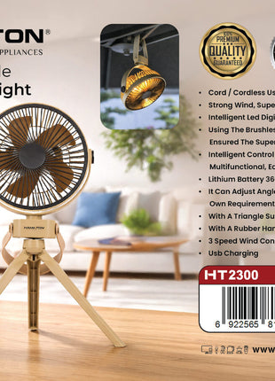 Hamilton rechargeable fan and LED light with product details on a wooden surface