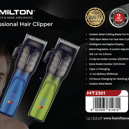Hamilton Professional Hair Clipper 7000RPM Carbon Steel LED Display 220 Min 6 Combs HT2301 | Al Shabib Qatar