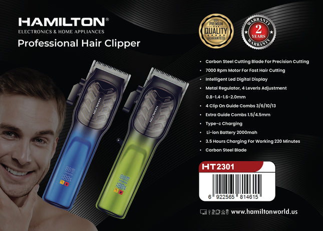 Hamilton Professional Hair Clipper 7000RPM Carbon Steel LED Display 220 Min 6 Combs HT2301 | Al Shabib Qatar