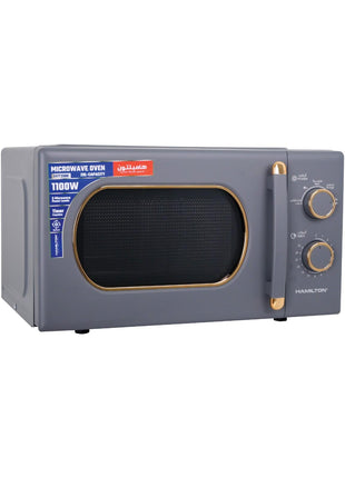Gray Hamilton microwave oven with gold accents on a white background