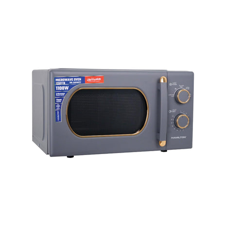 Gray Hamilton microwave oven with gold accents on a white background