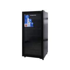 Black refrigerator with Hamilton branding on a white background