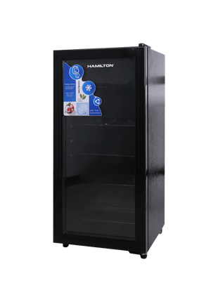 Black refrigerator with Hamilton branding on a white background