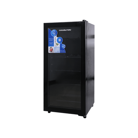 Black refrigerator with Hamilton branding on a white background