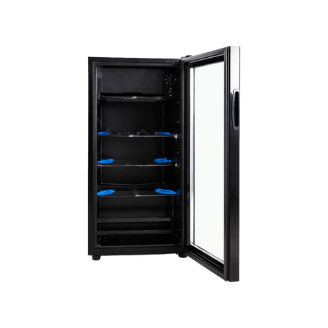 Black wine cooler with open door on a white background