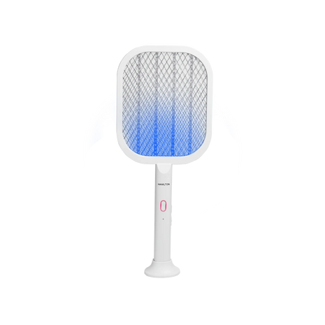 White electronic fly swatter with blue light on a white background