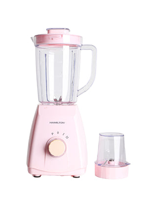 Hamilton Pink blender with a clear container on a white background