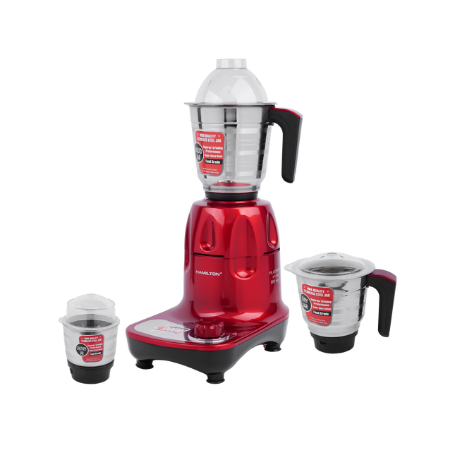 Red mixer grinder with three stainless steel jars and black handles on a white background