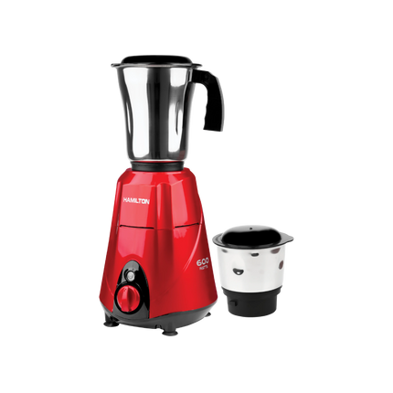Red 600-watt mixer grinder with stainless steel jars and black handle, kitchen appliance