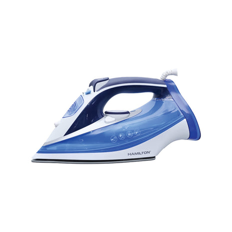 Blue and white Hamilton steam iron on a white background