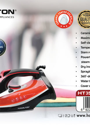 Hamilton steam iron packaging with product details on a white background