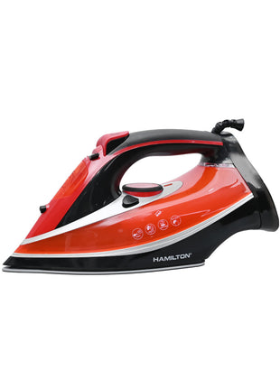 Red and black Hamilton steam iron on a white background