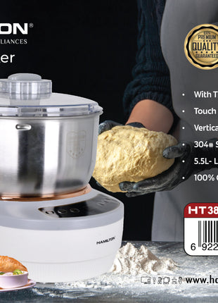 Hamilton dough maker with a person holding bread, product details on a dark background