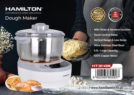 Hamilton dough maker with a person holding bread, product details on a dark background