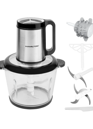 Hamilton food processor with attachments on a white background