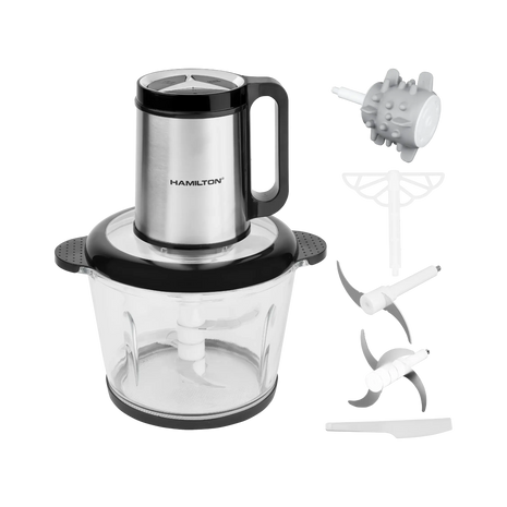 Hamilton food processor with attachments on a white background