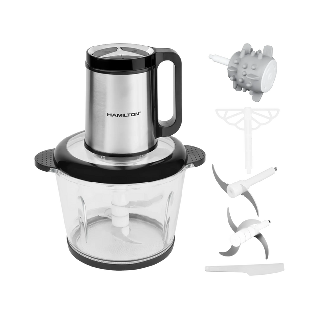 Hamilton food processor with attachments on a white background