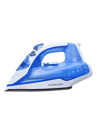 Blue and white Hamilton steam iron on a white background