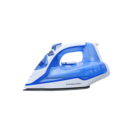 Blue and white Hamilton steam iron on a white background
