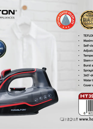 Hamilton steam iron packaging with product details on a white background