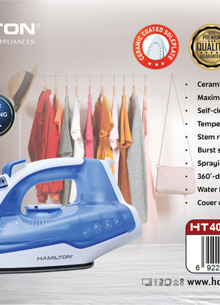 Hamilton steam iron with features listed on a white background