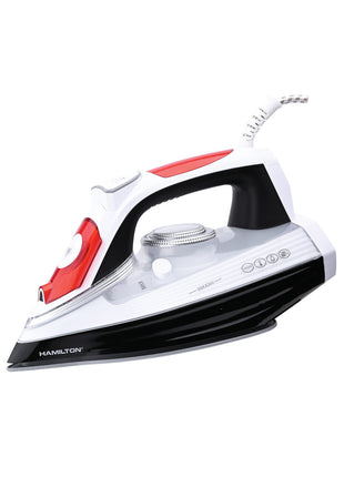 White iron with red accents on a white background