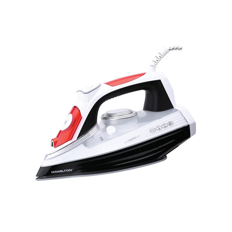 White iron with red accents on a white background