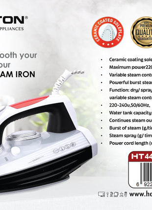 Hamilton steam iron with product details on a white background