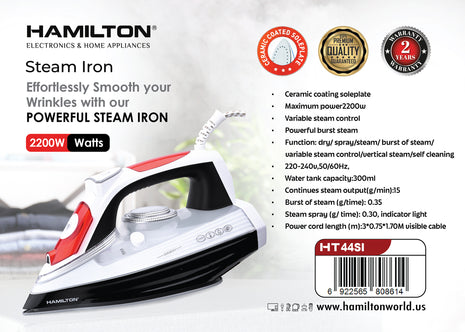 Hamilton steam iron with product details on a white background