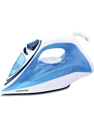 Blue and white Hamilton steam iron on a white background