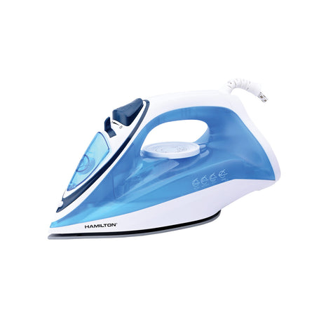 Blue and white Hamilton steam iron on a white background
